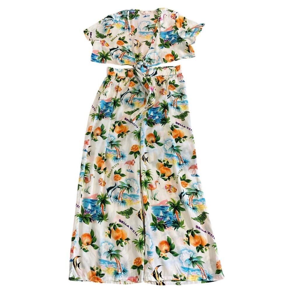 Girl Soul XL 2 Piece Set Tropical Print Tie Front Top Wide Leg Pants Bella Vista - Picture 2 of 11